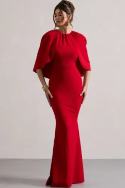 Kianne | Red Draped Short-Sleeve Maxi Dress