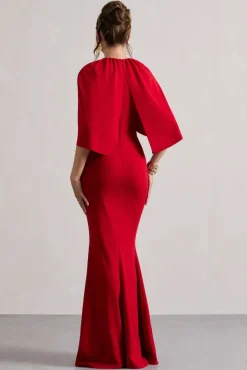 Kianne | Red Draped Short-Sleeve Maxi Dress