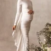 Kiara | White Long Sleeve Ruched Maternity Midi Dress with Frill Detail