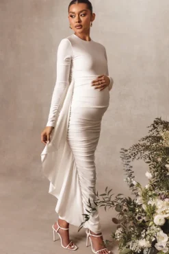 Kiara | White Long Sleeve Ruched Maternity Midi Dress with Frill Detail