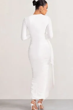 Kiara | White Long Sleeve Ruched Maternity Midi Dress with Frill Detail