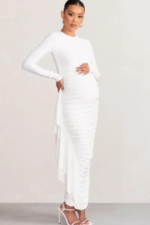 Kiara | White Long Sleeve Ruched Maternity Midi Dress with Frill Detail