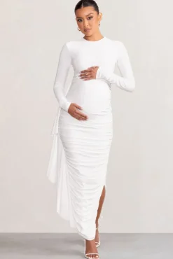 Kiara | White Long Sleeve Ruched Maternity Midi Dress with Frill Detail