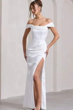 Kimberly | White Bardot Fishtail Satin Maxi Dress