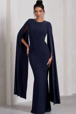 Kimmy | Navy High Neck Maxi Dress With Cape Sleeves