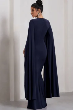 Kimmy | Navy High Neck Maxi Dress With Cape Sleeves