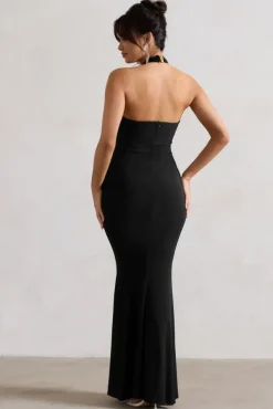Kira | Black Halter-Neck Cut-Out Split Maxi Dress With Flowers