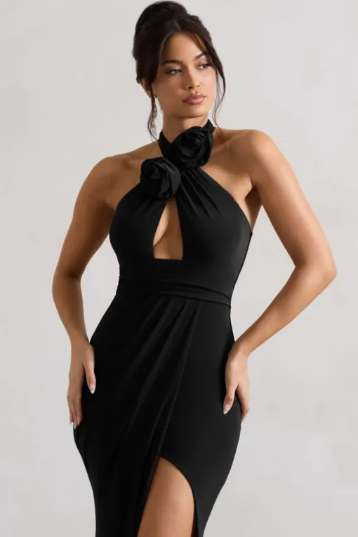 Kira | Black Halter-Neck Cut-Out Split Maxi Dress With Flowers