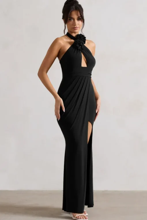 Kira | Black Halter-Neck Cut-Out Split Maxi Dress With Flowers