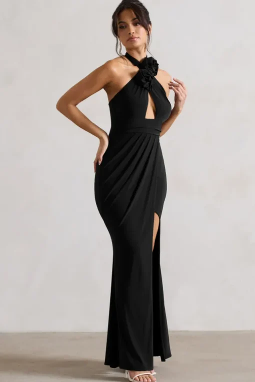 Kira | Black Halter-Neck Cut-Out Split Maxi Dress With Flowers