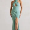 Kira | Sage Halter-Neck Cut-Out Split Maxi Dress With Flowers