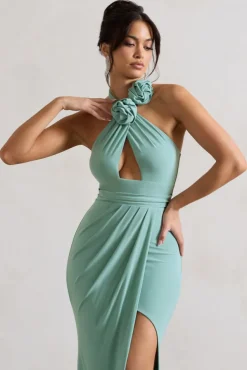 Kira | Sage Halter-Neck Cut-Out Split Maxi Dress With Flowers