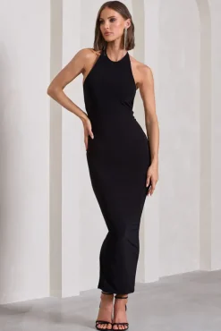 Kirsten | Black Sleeveless Halter-Neck Open-Back Maxi Dress