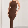 Kirsten | Chocolate Sleeveless Halter-Neck Open-Back Knot Maxi Dress