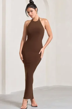 Kirsten | Chocolate Sleeveless Halter-Neck Open-Back Knot Maxi Dress