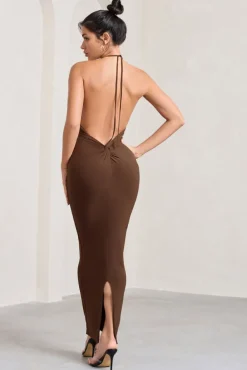 Kirsten | Chocolate Sleeveless Halter-Neck Open-Back Knot Maxi Dress