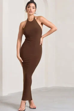Kirsten | Chocolate Sleeveless Halter-Neck Open-Back Knot Maxi Dress