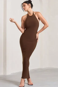 Kirsten | Chocolate Sleeveless Halter-Neck Open-Back Knot Maxi Dress