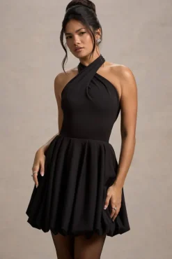 Klytie | Black Halter-Neck Mini Dress With Puff-Ball Skirt