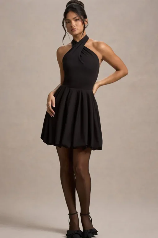 Klytie | Black Halter-Neck Mini Dress With Puff-Ball Skirt