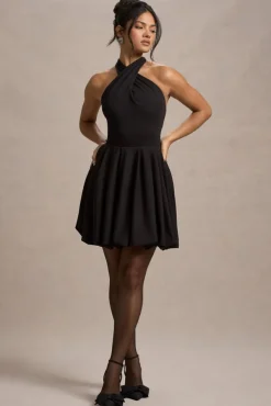 Klytie | Black Halter-Neck Mini Dress With Puff-Ball Skirt