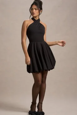 Klytie | Black Halter-Neck Mini Dress With Puff-Ball Skirt