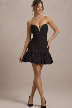 Koko | Black Sweetheart Mini Dress With Ruffle Hem