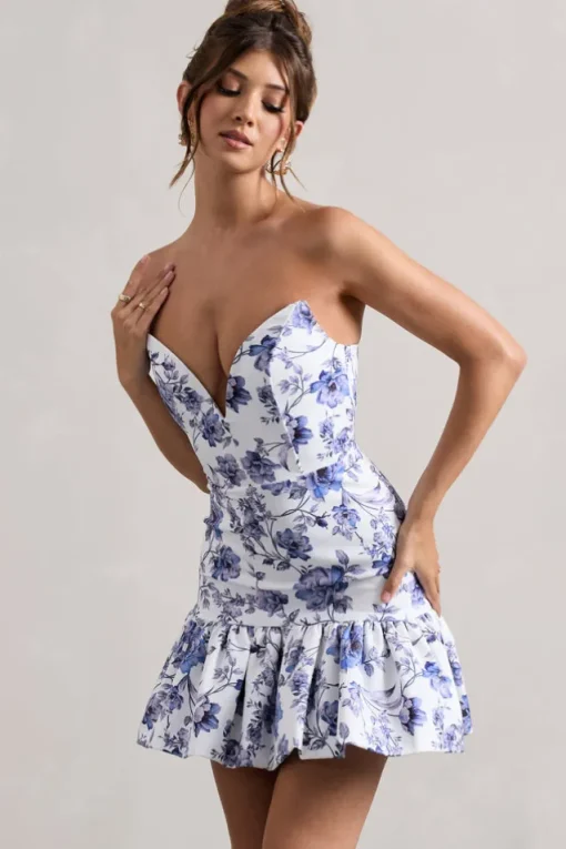 Koko | Floral Print Sweetheart Mini Dress With Ruffle Hem