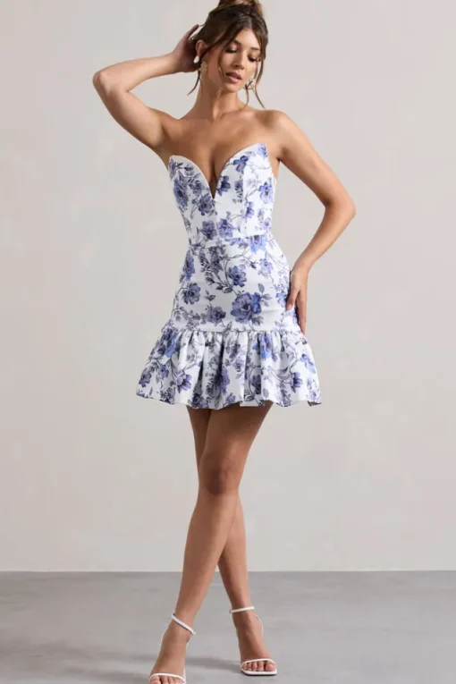 Koko | Floral Print Sweetheart Mini Dress With Ruffle Hem