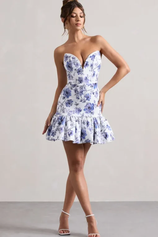 Koko | Floral Print Sweetheart Mini Dress With Ruffle Hem