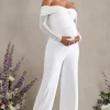 Kyla | White Ruched Bardot Long-Sleeved Wide-Leg Maternity Jumpsuit