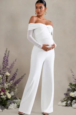 Kyla | White Ruched Bardot Long-Sleeved Wide-Leg Maternity Jumpsuit