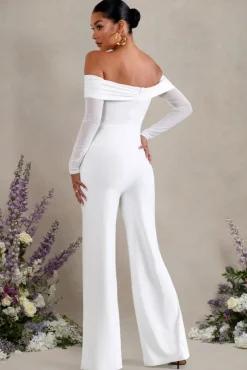 Kyla | White Ruched Bardot Long-Sleeved Wide-Leg Maternity Jumpsuit