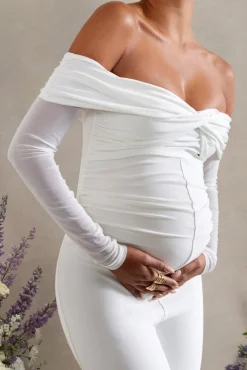Kyla | White Ruched Bardot Long-Sleeved Wide-Leg Maternity Jumpsuit