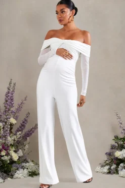 Kyla | White Ruched Bardot Long-Sleeved Wide-Leg Maternity Jumpsuit