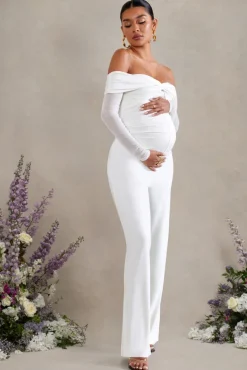 Kyla | White Ruched Bardot Long-Sleeved Wide-Leg Maternity Jumpsuit