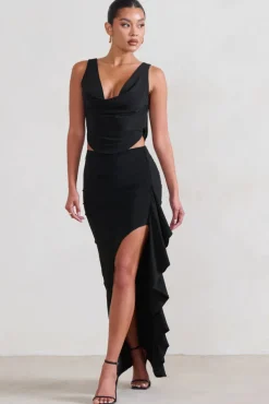 La Belle | Black Ruffle Maxi Skirt With Thigh Split