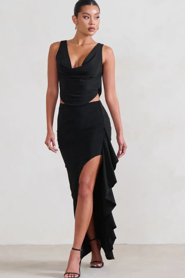 La Belle | Black Ruffle Maxi Skirt With Thigh Split