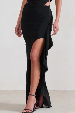 La Belle | Black Ruffle Maxi Skirt With Thigh Split