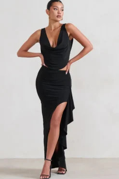 La Belle | Black Ruffle Maxi Skirt With Thigh Split