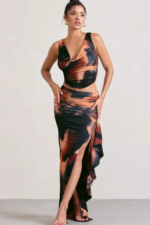 La Belle | Orange Smoke Print Ruffle Maxi Skirt With Thigh Split