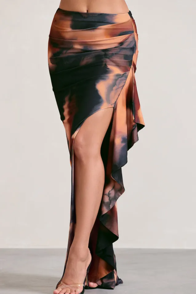 La Belle | Orange Smoke Print Ruffle Maxi Skirt With Thigh Split