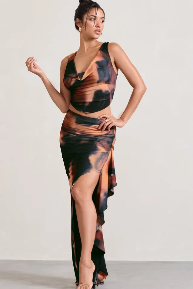 La Belle | Orange Smoke Print Ruffle Maxi Skirt With Thigh Split