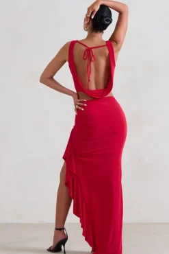 La Belle | Red Ruffle Maxi Skirt With Thigh Split