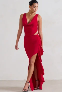 La Belle | Red Ruffle Maxi Skirt With Thigh Split