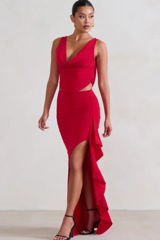 La Belle | Red Ruffle Maxi Skirt With Thigh Split