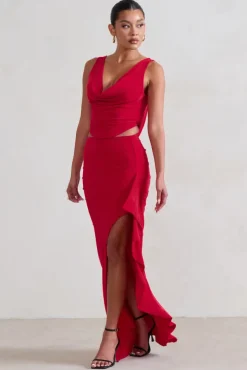 La Belle | Red Ruffle Maxi Skirt With Thigh Split
