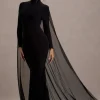 La Nuit | Black High-Neck Long-Sleeve Maxi Dress With Cape