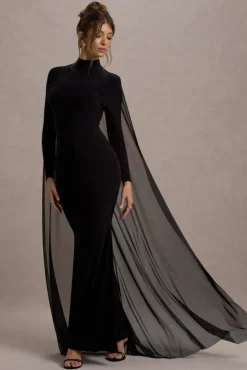 La Nuit | Black High-Neck Long-Sleeve Maxi Dress With Cape