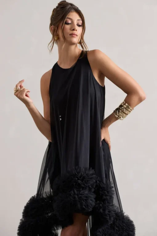 Lacie | Black Sleeveless Mini Dress With Tulle Overlay